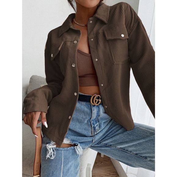 Flap Pocket Button Front Corduroy Jacket boyfriend shacket cream - Picture 13 of 13